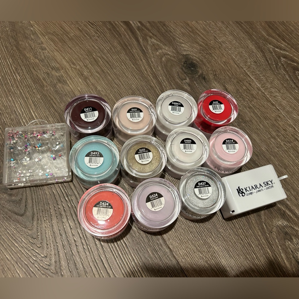Kiara Sky Dip Powder Set of 11 colors, powder catcher, and jewels